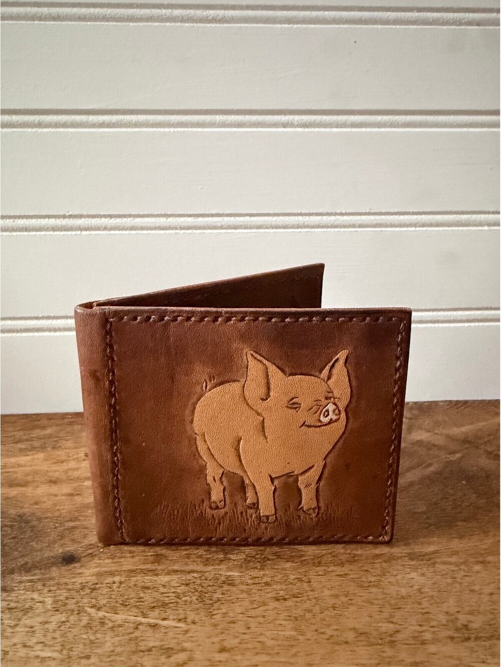 Vintage Style Artisan Handcrafted Leather Money Clip Wallet - Tooled Pig Design